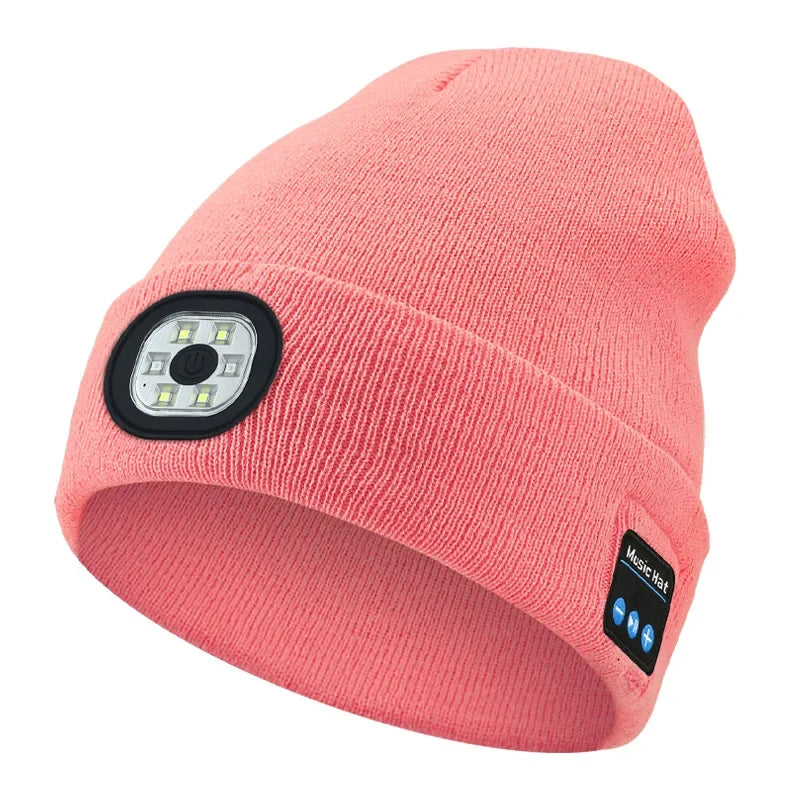 Outdoor Sport Bluetooth 5.0 Wireless Headphone Beanie Hat with LED Light and Built-in Microphone for Music and Calls