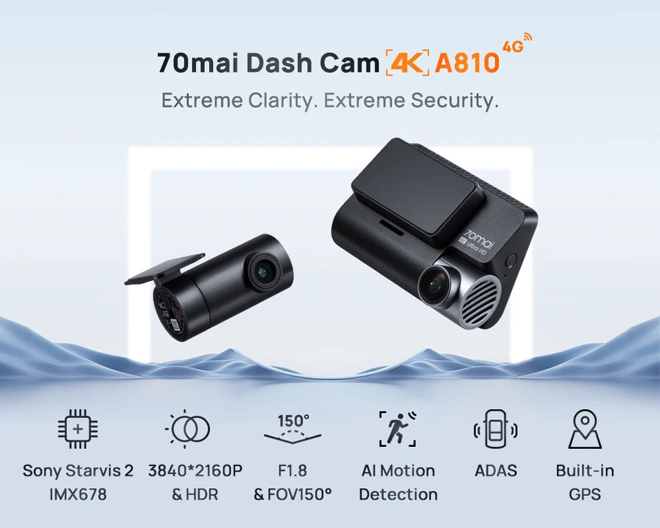 70mai 4K Dash Cam A810 Ultra HD Built-in GPS ADAS Auto Record 150FOV Motion Detection 70mai A810 4G Car DVR Support Rear Cam