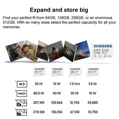 SAMSUNG EVOPlus 64GB U1V10A1/128GB 256GB 512GB U3V30A2 MicroSD Memory TF Card microSDXC UHS-I Class10 Read Speed up to 130MB/s - MarvelouStoree