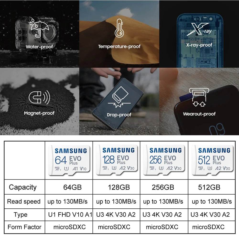 SAMSUNG EVOPlus 64GB U1V10A1/128GB 256GB 512GB U3V30A2 MicroSD Memory TF Card microSDXC UHS-I Class10 Read Speed up to 130MB/s - MarvelouStoree