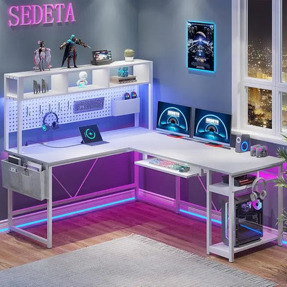 SEDETA L , 94.5 Inch Office Power Outlet &Amp; Pegboard, L Shaped Desk With Led Light, Keyboard Tray, Stora