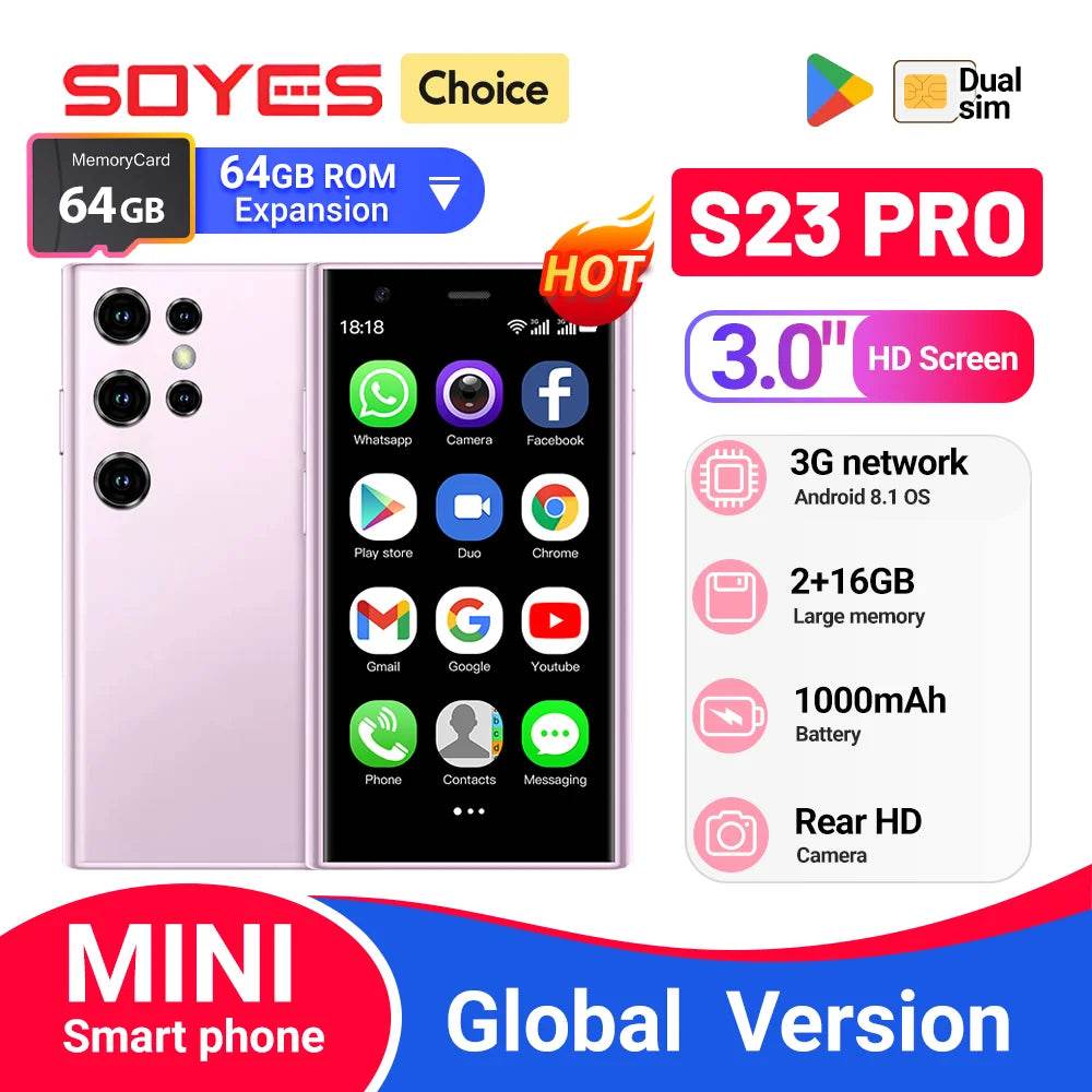 SOYES S23 Pro Ultra-thin Smartphone 2GB RAM 16GB ROM Android8.1 Dual SIM Standby 1000mAh 3G Network Compact Mobile Phone - MarvelouStoree