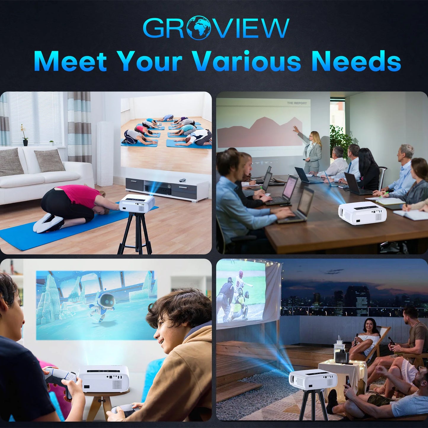 GROVIEW 1080P Projector, 15000 Lux, 490 ANSI, WiFi/Bluetooth, 300'' Screen, 4K Support, Zoom, 5G Sync, HDMI/USB/AV/Smartphone