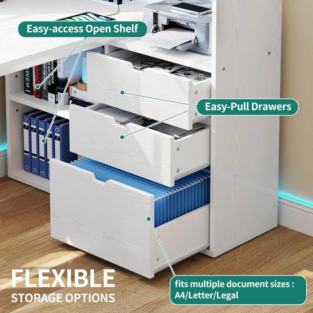 Shaped Desk with Drawers, 55" Corner Computer Desk with Bookshelf & Power Outlets & LED Lights, Home Office Desk with Storage