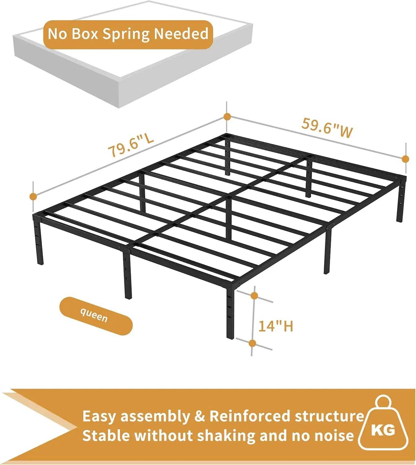 14 Inch Queen Bed Frame Sturdy Platform Bed Frame Metal Bed Frame No Box Spring Needed Heavy Duty Queen Size - MarvelouStoree