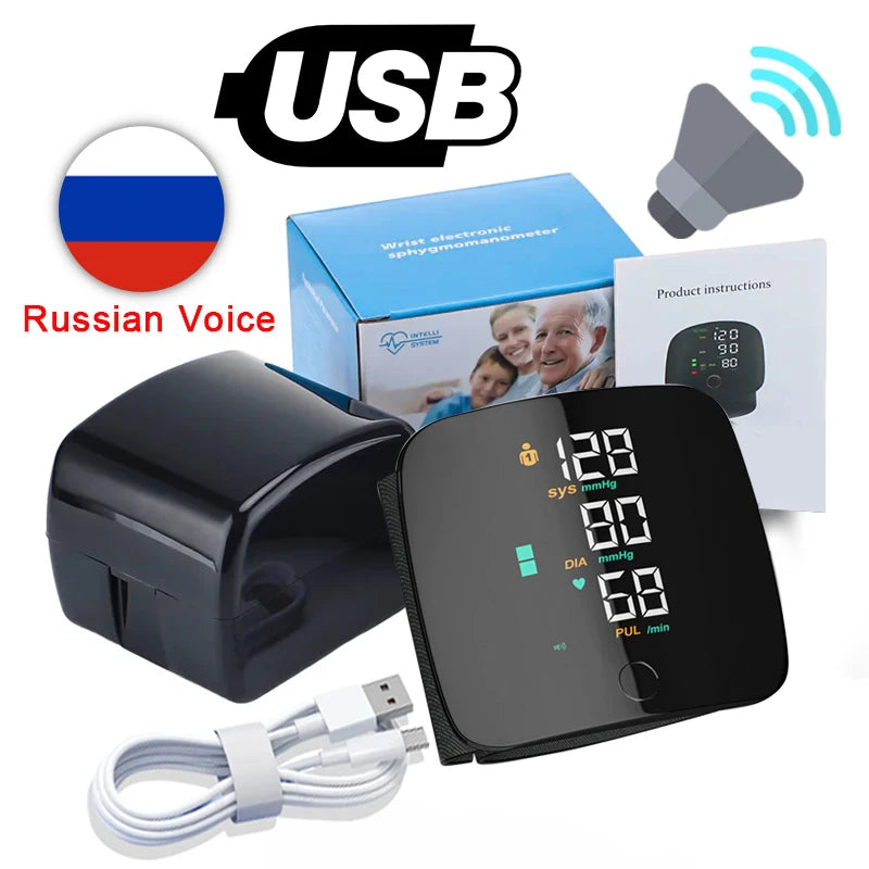 Wrist Type Blood Pressure Monitor LED Display Fast Measurement Digital Tensiometer BP Tonometer Heart Rate USB Rechargeable