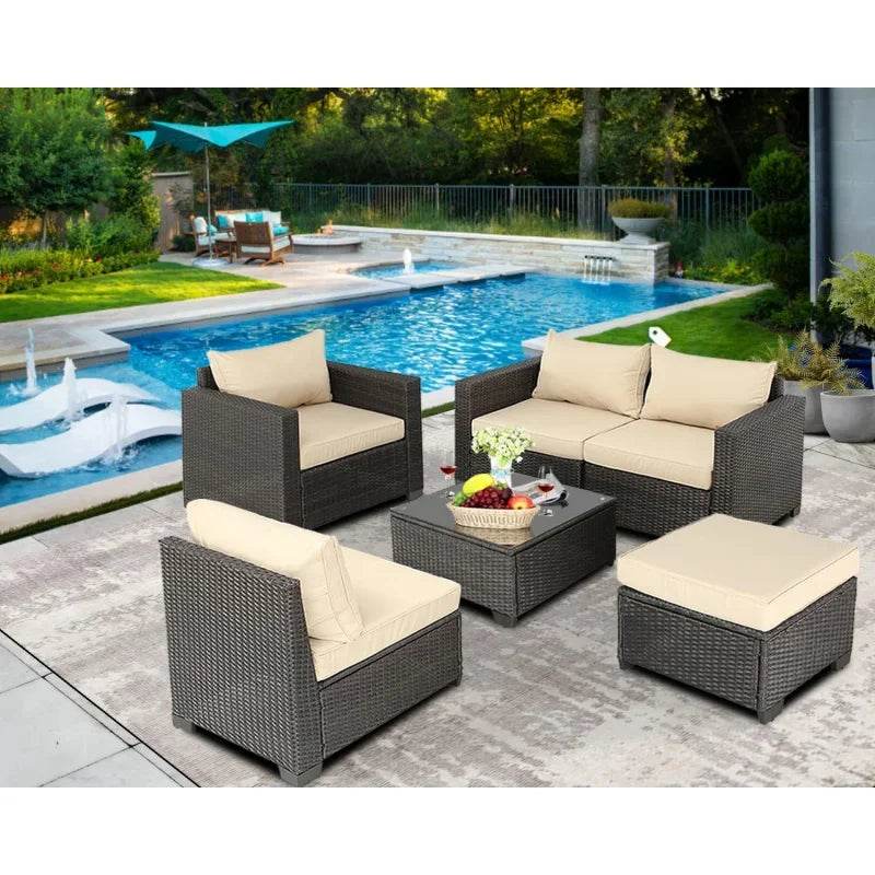 Q6 pieces set outdoor sectional wicker furniture patio couch with Ottoman for lawn, balcony, garden - MarvelouStoree