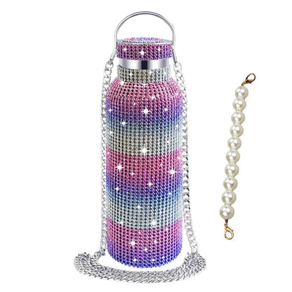 500/750/1000ml Diamond Thermos Bottle With 2pcs Chain Portable Rhinestone Water Bottle Double Wall Stainless Steel Thermal Flask