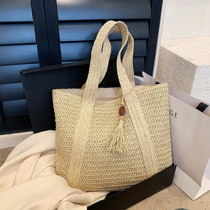 Elegant Ladies Straw Woven Handbag Women Holiday Beach Commute Casual Tote Top-Handle Bags Fashion Retro Shoulder Bags 2024