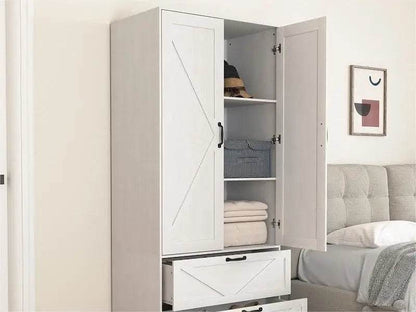 Wardrobe Closet with Mirror Door and 2 Drawer,Farmhouse Bedroom Cabinet with Hanging Rod and Light,Wooden - MarvelouStoree