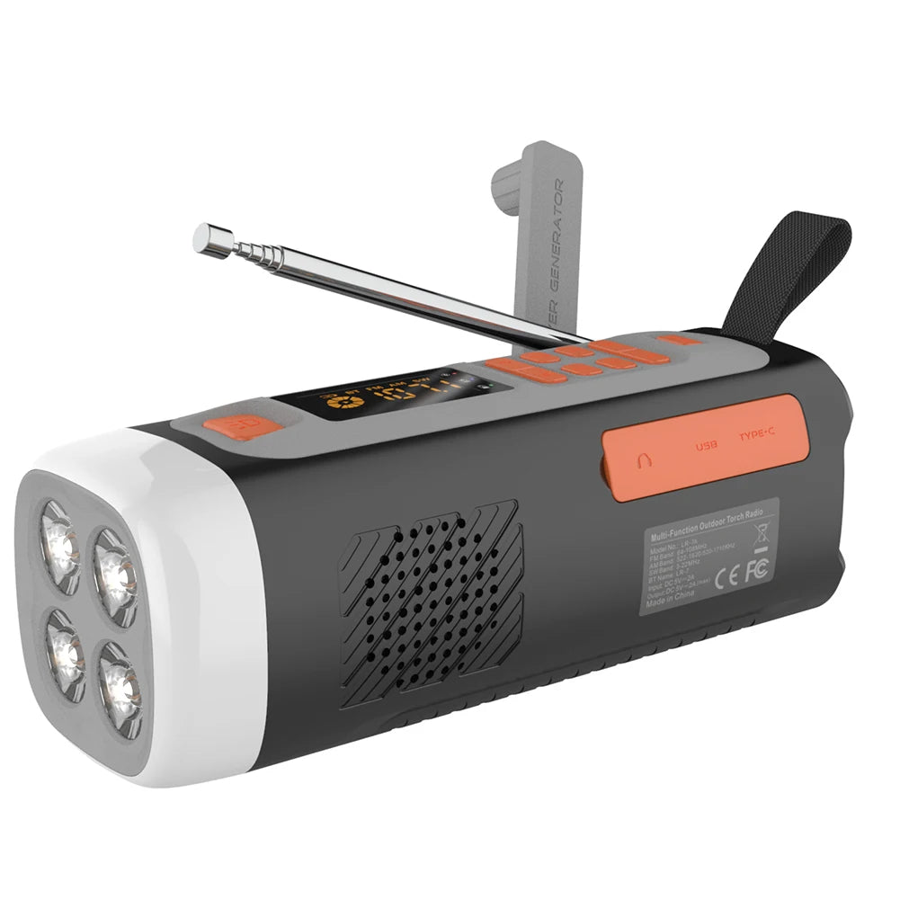 4500mAh Emergency AM/FM/SW Radio BT Speaker USB C/Solar/Hand Crank Charging Portable Radio with Flashlight SOS Alarm for Camping