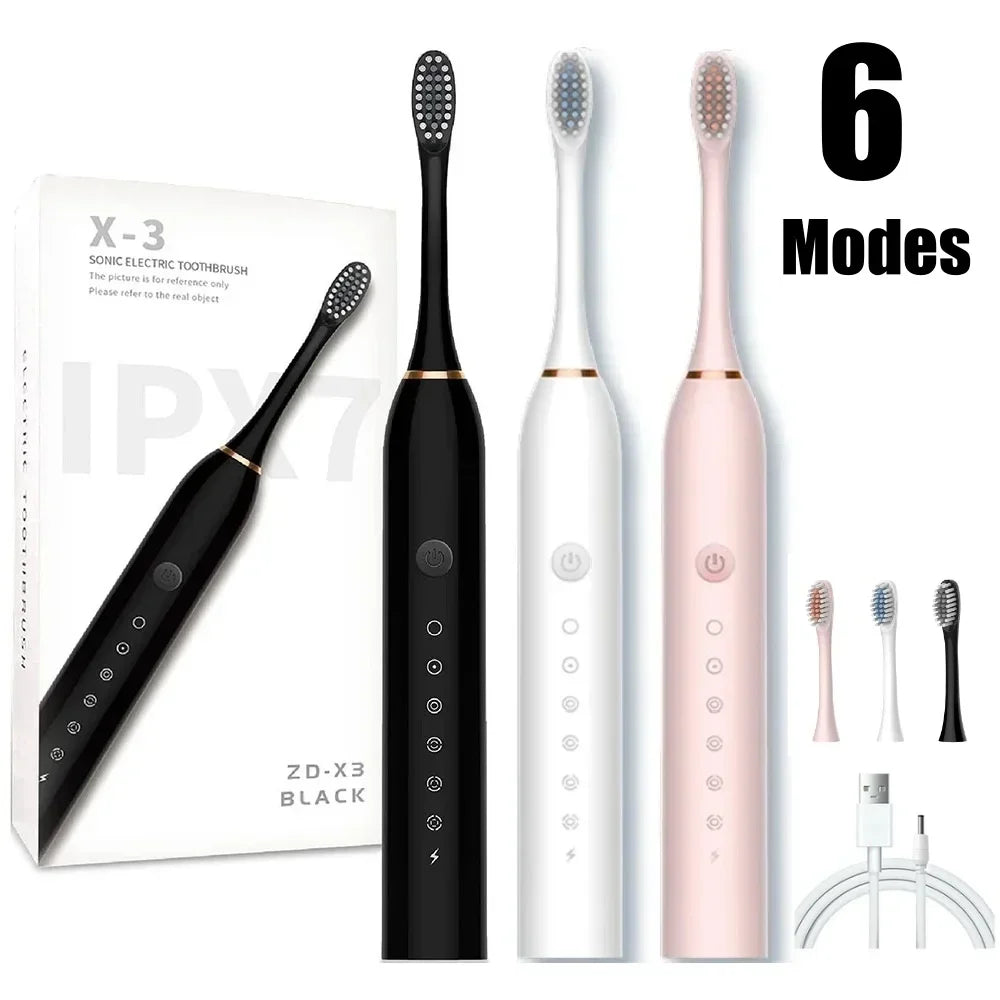 USB Rechargeable Tooth Brush for Adult 6 Clean Modes X-3 Sonic Electric Toothbrush Washable Teeth Whitening and Cleaning Brush