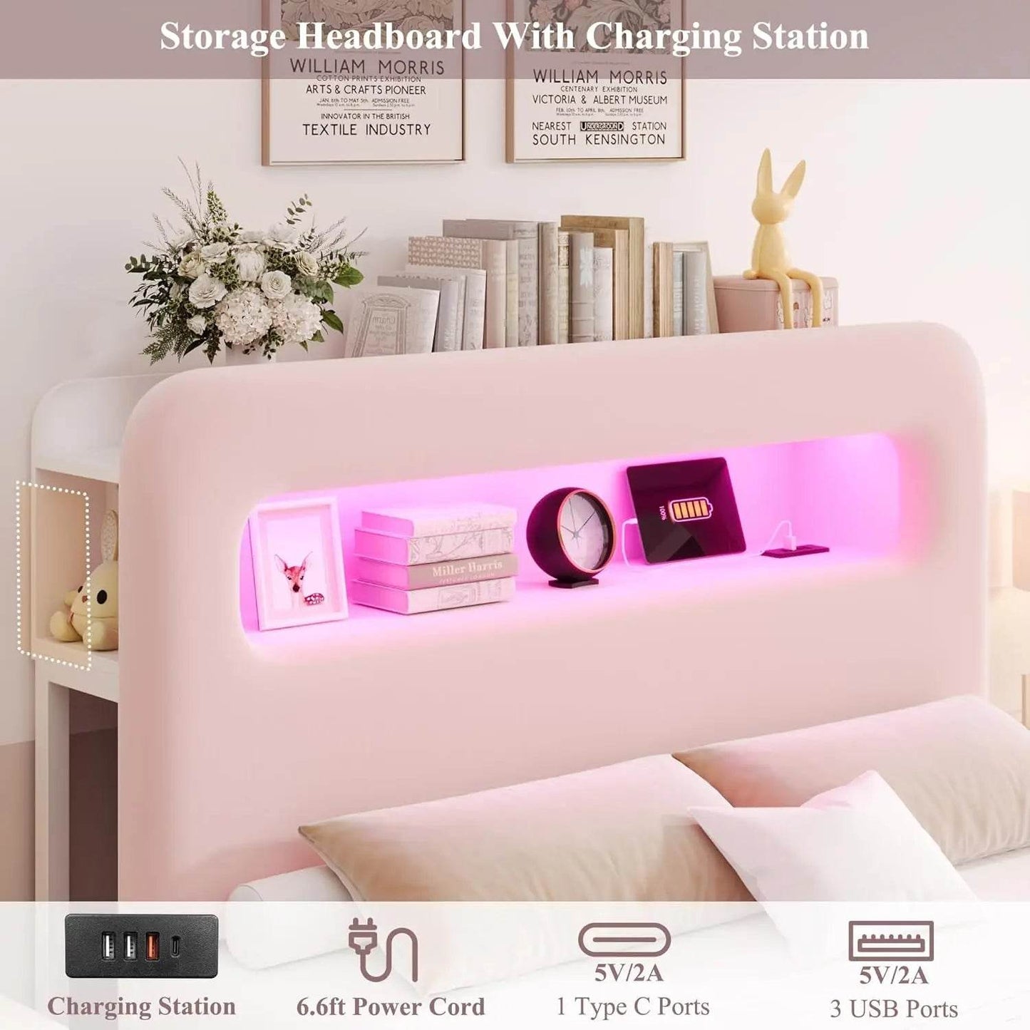 Full LED Bed Frame with Storage Headboard and Charging Station, Girls Bed Frame with 2 Drawers and USB Ports, Velvet Upholstered - MarvelouStoree