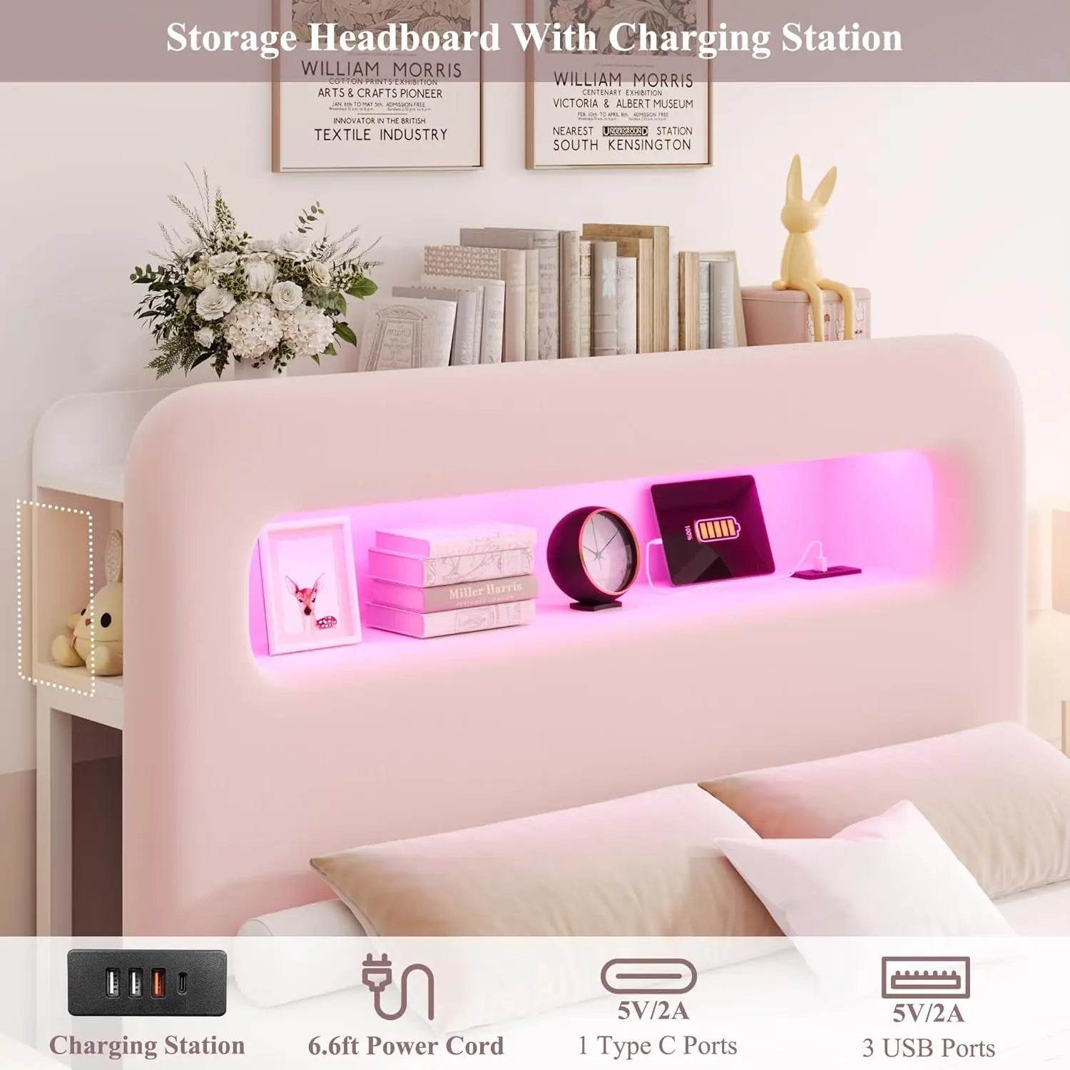 Full LED Bed Frame with Storage Headboard and Charging Station, Girls Bed Frame with 2 Drawers and USB Ports, Velvet Upholstered - MarvelouStoree