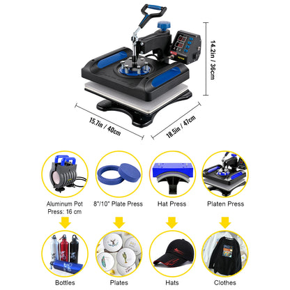 VEVOR 5/8in1 15x15"/12x15" Dual-tube Heating Insulation Cotton Heat Press Sublimation Machine 360° Swing Design for T-shirts Etc