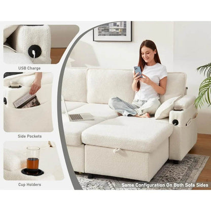 Sofa Bed Sleeper Pull Out 2 in 1 Sectional Sleeper Sofa Couches with Storage,USB, Cup Holder,Pullout Sectional Couches - MarvelouStoree