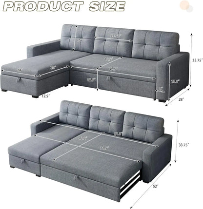 81.5" Sectional Sleeper Sofa with Storage Chaise, L Shaped Pull Out Couch Bed with 3 Removable Back Cushion for Living Room,Apar