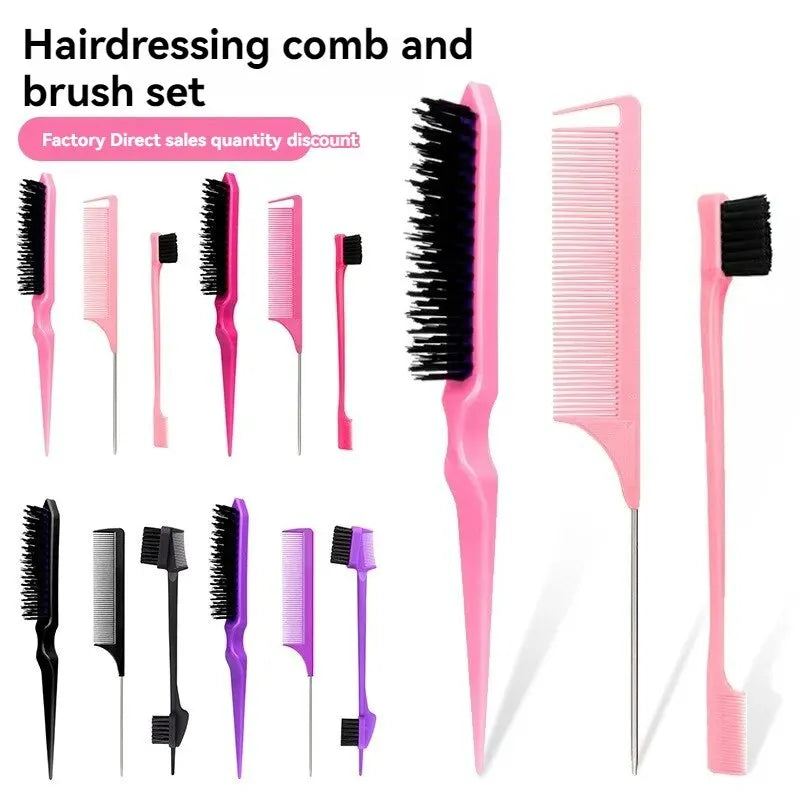 New Three-piece Hair Brush Set Sharp-tail Comb Three-row Hair Comb Steel Needle Mouse Tail Comb Toothbrush Eyebrow Brush Tool