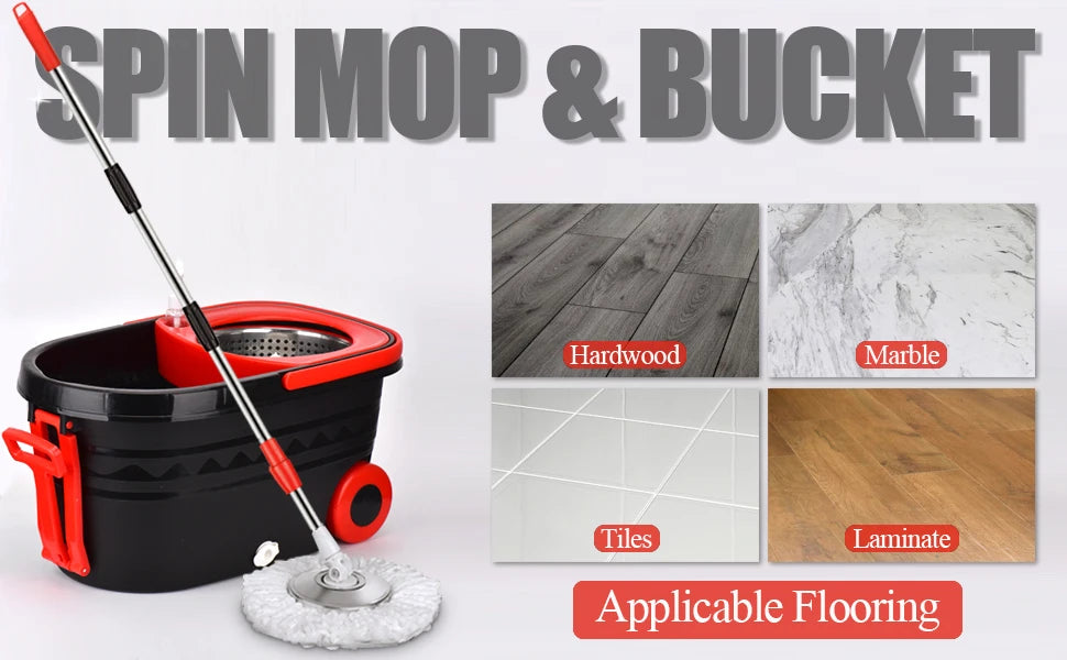 360° Spin Mop Bucket Sets Wrings System, Bucket with Wheels and 61''/155cm Extendable and Adjustable Handle, Dry wet separation