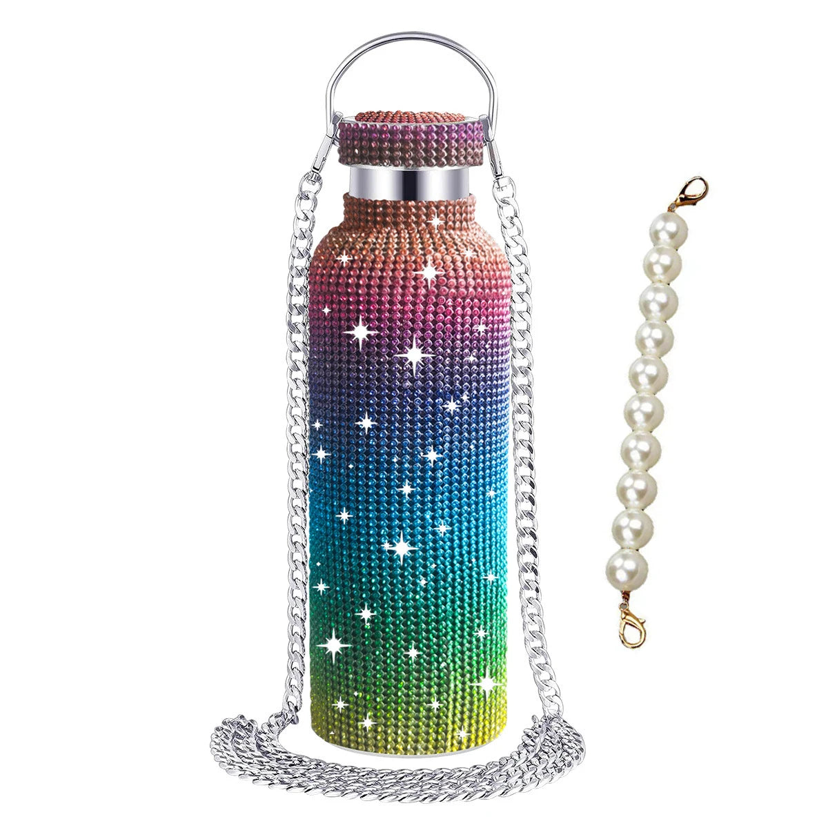 500/750/1000ml Diamond Thermos Bottle With 2pcs Chain Portable Rhinestone Water Bottle Double Wall Stainless Steel Thermal Flask