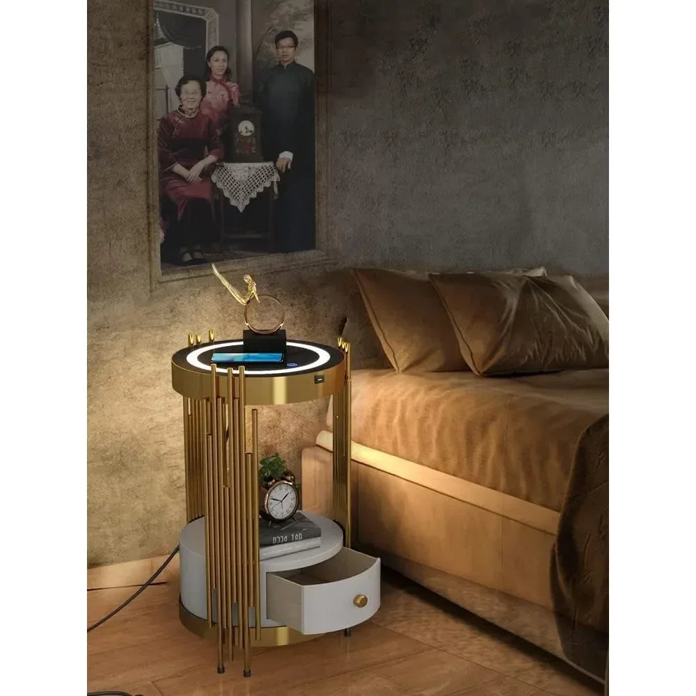 Gold Led Smart Round Nightstand with Drawer,Sofa Narrow End Table