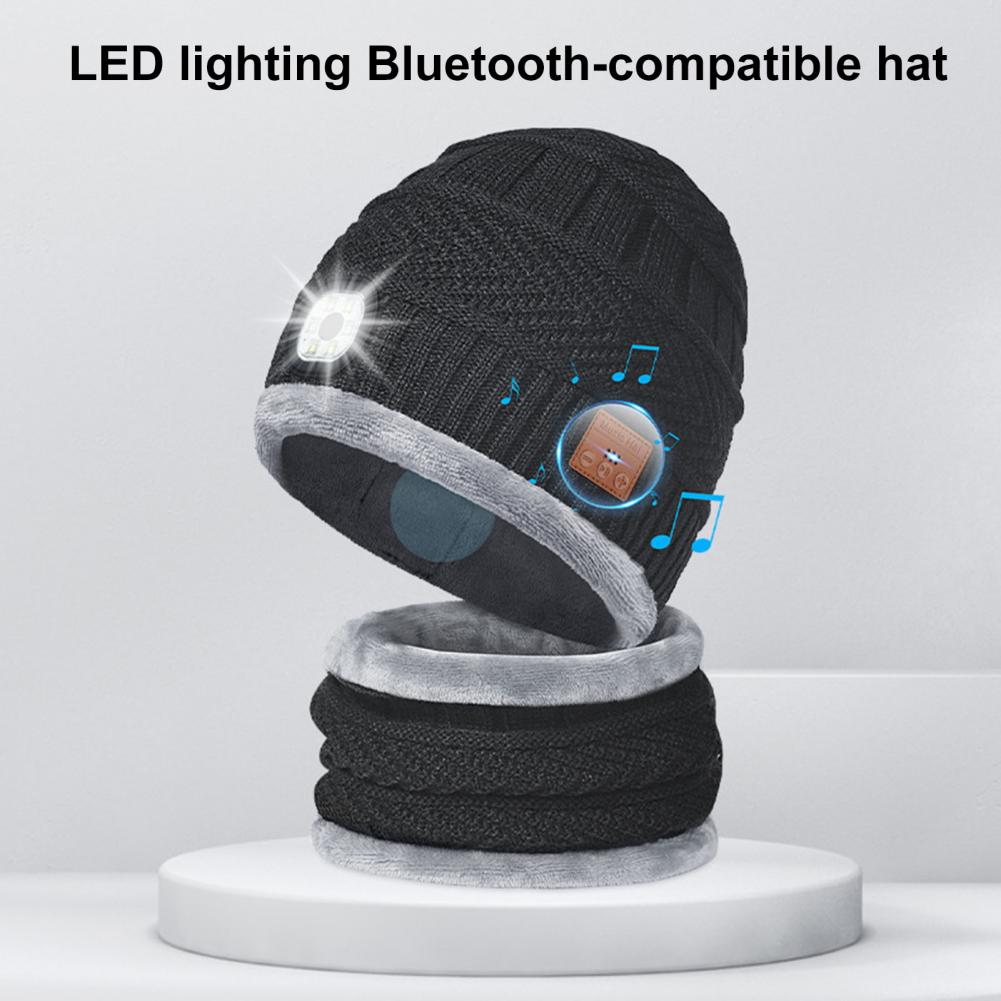 LED Headphone Hat Neck Warmer Set Winter Warm Cap Knitted Elastic Soft Fabric Rechargeable High Brightness Illumination Waterpro