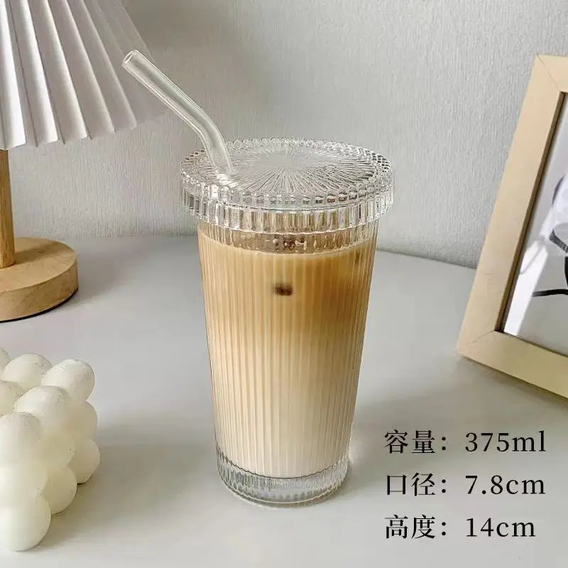 375Ml Stripe Glass Cup with Lid Straw Japanese Style Drinking Chic Mugs Milk Coffee Drinkware Tea Birthday Gifts whiskey Glasses