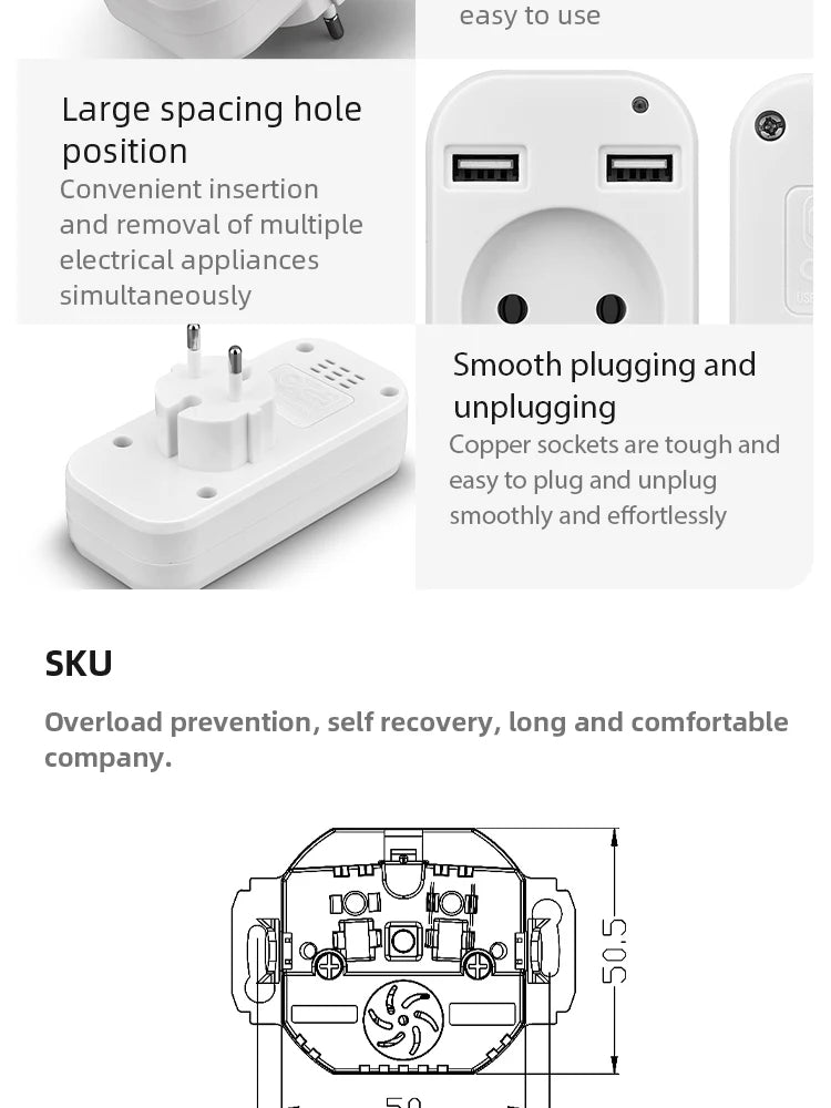 1pcs European Plug Conversion Plug Multifunctional Socket Portable Dual Usb Port German French Russian Universal Socket