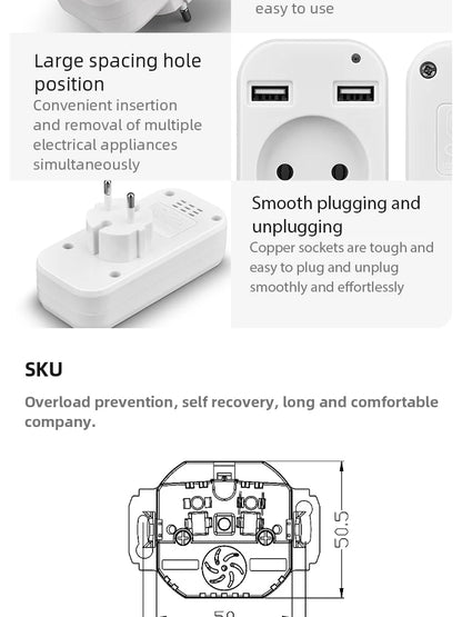 1pcs European Plug Conversion Plug Multifunctional Socket Portable Dual Usb Port German French Russian Universal Socket