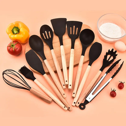 12PCS Silicone Kitchenware Non-Stick Cookware Kitchen Utensils Set Spatula Shovel Egg Beaters Wooden Handle Cooking Tool Set