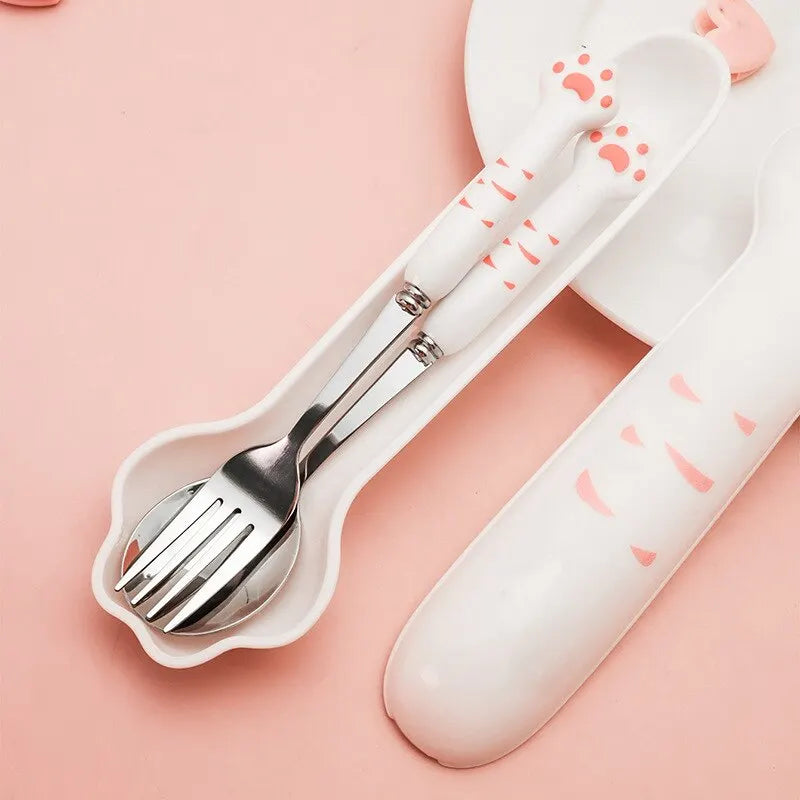 Stainless Steel Spoon and Fork Set with Storage Box Portable Tableware Cute Cat Paw Shaped Dinnerware Kit for Adults Kids School