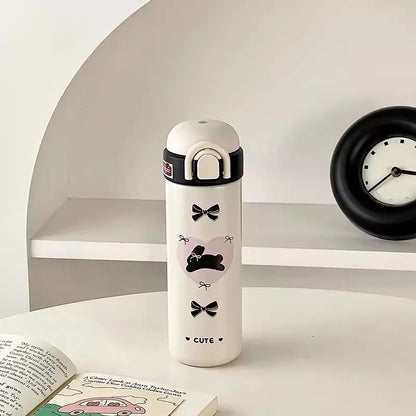 Cute Insulated Water Bottle Tumbler Kawaii Stainless Steel Thermos With Handle Straw For Coffee Tea Juice Portable Thermal Cups