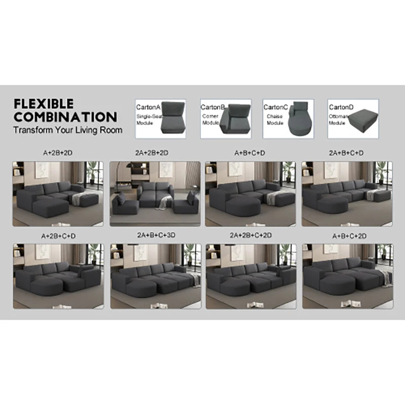 Compressed sponge Modular Sectional Sofa Sleeper Couch with Chaise and Ottoman,Convertible U Shaped Modular Sofa Set.Dark Grey