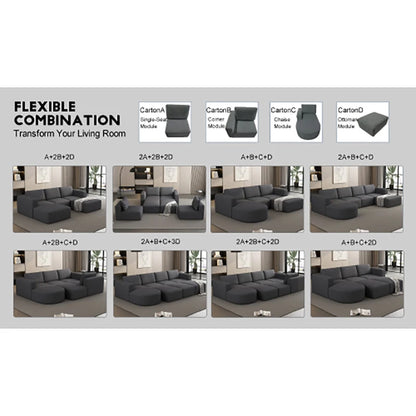 Compressed sponge Modular Sectional Sofa Sleeper Couch with Chaise and Ottoman,Convertible U Shaped Modular Sofa Set.Dark Grey