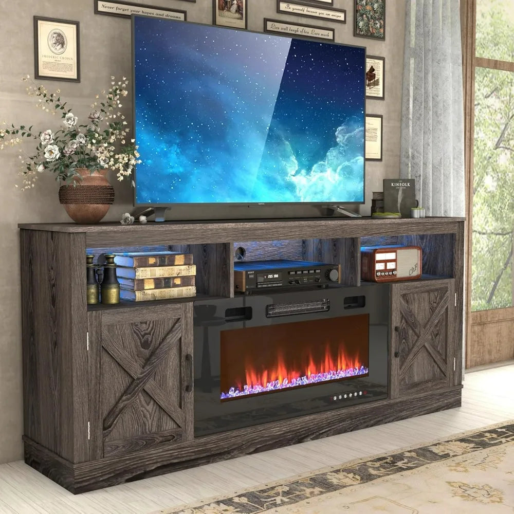 Farmhouse Fireplace TV Stand for 70/75/80 Inch TV, 32”Tall Entertainment Center w/ 36”Electric & LED Light, 70”Media Console