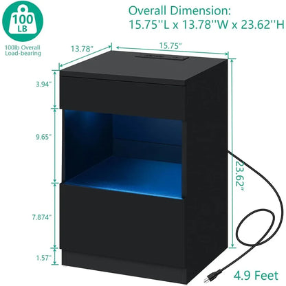 Open Shelf LED Nightstand with Charging Station 2 Drawers Bedside Table Black Night Stand with Storage Smart Nightstands