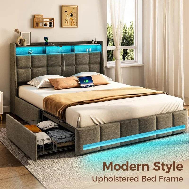 Rostar Queen Size Bed Frame with LED Lights and Charging Station,Upholstered Bed Storage Headboard & Drawers,Heavy Duty W - MarvelouStoree