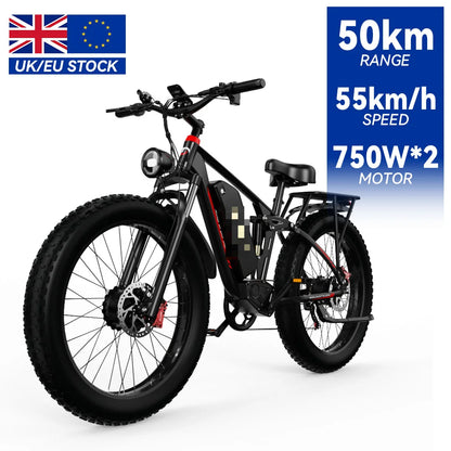 Stock DUOTTS S26 Dual Motor 750W*2 Electric Bike with 48V 20AH Lithium Battery Snow Mountain Fat Tire for Adults EU Warehouse