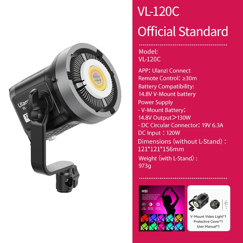 Ulanzi VL-120C 120W V-Mount RGB Full Color COB Video Light Wireless APP Control 2700K-6500K for Video Photography Studio Shoot