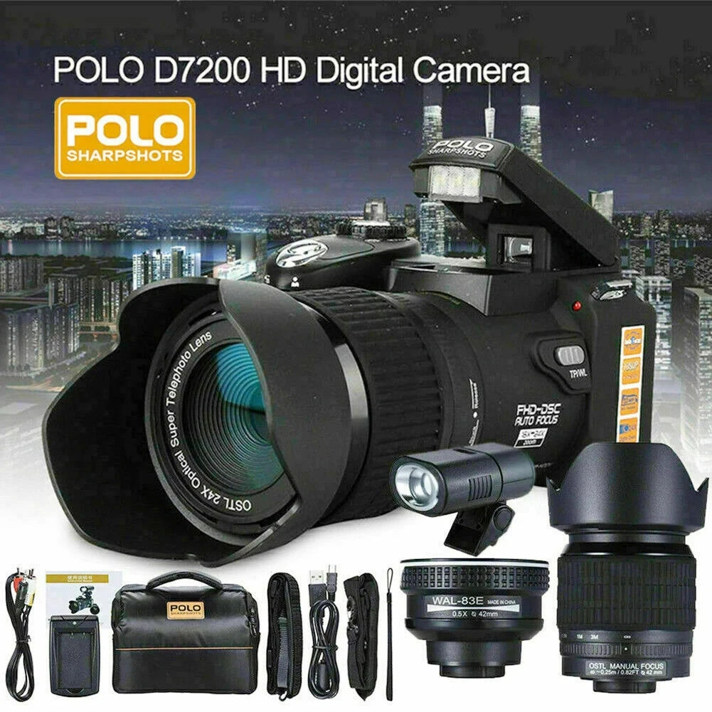 POLO D7200 HD Digital Camera 24X Telephoto Wide-angle Micro Single Lithium Battery Three Lens Outdoor video professional camera