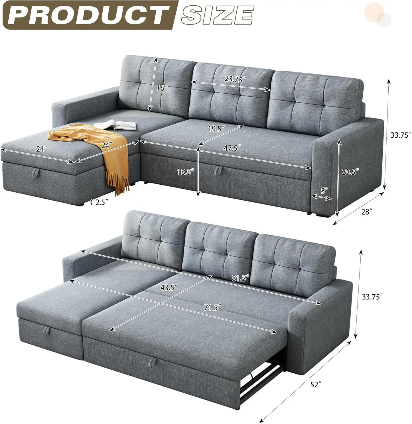 81.5" Sectional Sleeper Sofa with Storage Chaise, L Shaped Pull Out Couch Bed with 3 Removable Back Cushion for Living Room,Apar