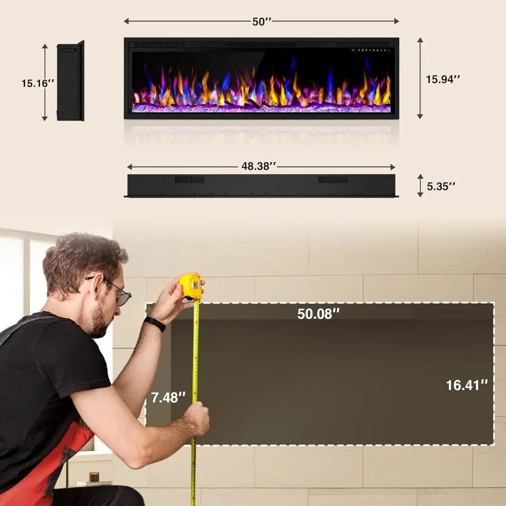 Smart 50" WiFi-Enabled Electric Fireplace Heater, Recessed in-Wall and Wall-Mounted Linear Fireplace