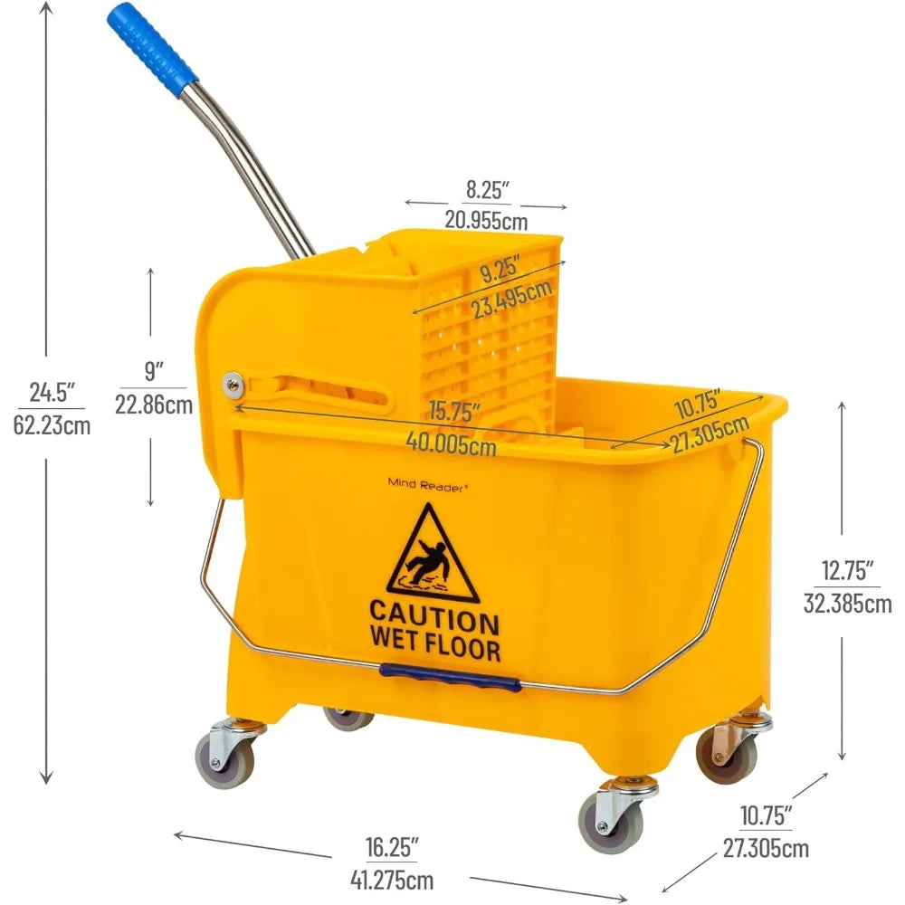 Mind Reader Mop Bucket with Wringer, 22 Qt (5.5 Gallon), Floor Cleaning, Handle, Wheels, 16.25"L x 10.75"W x 24.5"H, Yellow