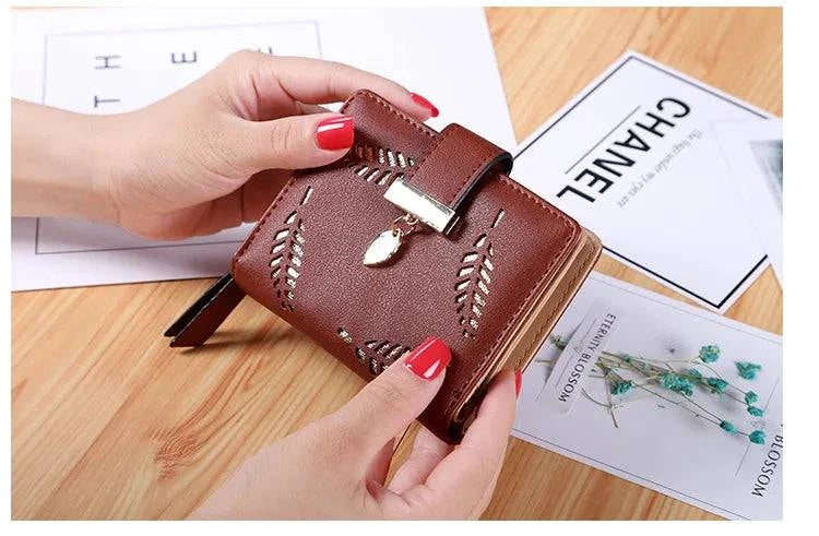 Fashion Women's Purse Short Zipper Wallet Women Leather 2024 Luxury Brand Small Women Wallets Clutch Bag With Hollow Out Leaves