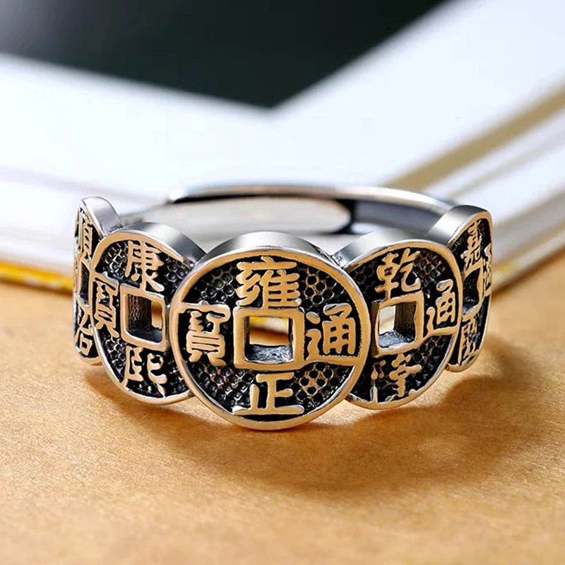 Vintage Wufu Copper Coin Rings Lucky Open Adjustable Ring Retro Copper Money Ring Men and Women Amulet Wealth Good Lucky Ring - MarvelouStoree