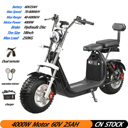 60V25AH 4000W Motor Citycoco Electric Scooter 18 Inch Snowfield Off-road Tire Max Speed 70-80KM/H Max Load 250KG USA STOCK