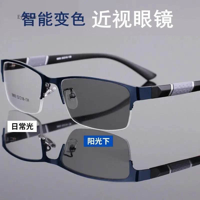 Men's Vintage Business Photochromic Myopia Glasses Half Frame Metal Blue Light Blocking Eyewear Classic UV Shades Sunglasses - MarvelouStoree