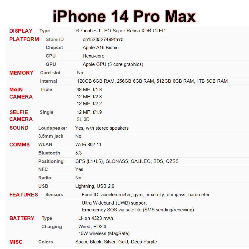 Original iPhone 14 Pro Max 128GB 256GB ROM 1 Sim+1 eSIM 8GB RAM International Version 6.7" Genuine Retina OLED NFC A16 14ProMax