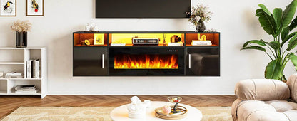 TV Stand 70'' with LED Light and Storage & Highlight Cabinet, Floating Fireplace Modern Wood Media TV Console - MarvelouStoree