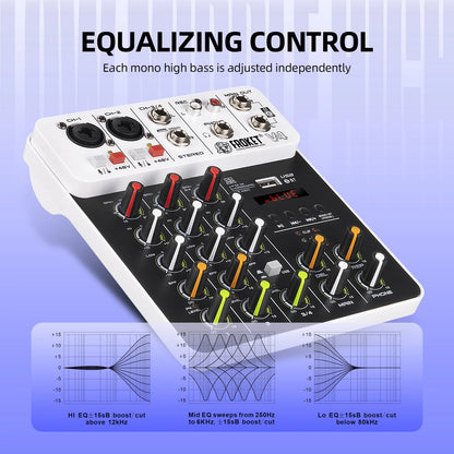 V4 Audio Interface Mixer with Bluetooth USB Recording Computer 48V Phantom Power Delay Replay Effects, 4-Channel Audio Mixer